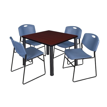 Kee/Zeng Square Mahogy. Table/4 Blue Chairs, Square, 36", 36" W, 29" H, Mahogany TB3636MHBPBK44BE
